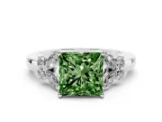 Fancy Green Princess Cut Diamond Solitaire Floral Ring Set in Silver with Marquise Petals and Prong Setting