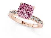 Fancy Pink Cushion Cut Diamond Pavé Band Solitaire Set in Rose gold with Prong Setting