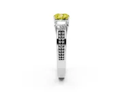 Fancy Yellow Cushion Cut Diamond Three-Stone Ring Set in Platinum with Textured Band