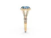 Fancy Blue Oval Cut Diamond Halo Split Shank Pavé Ring Set in Yellow gold with Prong Setting