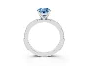 Fancy Blue Round Cut Diamond Solitaire Ring Set in White gold with Slim Pavé Band and Prong Setting