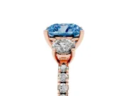 Cushion Cut Three Stone Engagement Ring Setting for a Fancy Blue Lab-Grown Diamond | Pave Shoulders | Rose Gold