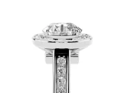 Round Cut Diamond Halo Solitaire Ring Set in White gold with Pavé Band and Bezel Setting