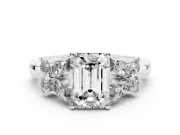 Emerald Cut Diamond Floral Cluster Ring Set in White gold with Marquise Petals and Prong Setting