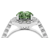Fancy Green Oval Cut Diamond Milgrain Halo Solitaire Ring Set in White gold with Bezel Set Side Stones and Pavé Band