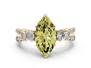 Fancy Yellow Marquise Cut Diamond Three-Stone Ring Set in Yellow gold with Pavé Split Shank and Prong Setting