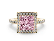 Princess Cut Halo Engagement Ring Setting for a Fancy Pink Lab-Grown Diamond | Shared Prong Pavé Band | Yellow Gold