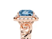 Fancy Blue Princess Cut Diamond Halo Ring Set in Rose gold with Scrollwork Band and Prong Setting