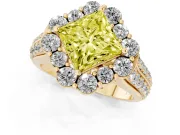 Fancy Yellow Princess Cut Diamond Halo Engagement Ring Set in Yellow gold with Split Shank and Prong Setting