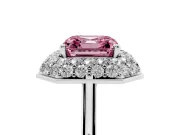 Fancy Pink Asscher Cut Diamond Halo Engagement Ring Set in Platinum with Solitaire Band and Prong Setting