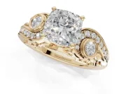 Cushion Cut Vintage Swirl Engagement Ring Setting | Bezel Side Accents | Yellow Gold
