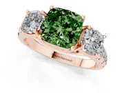 Fancy Green Cushion Cut Diamond Three-Stone Ring Set in Rose gold with Pavé Band