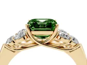 Fancy Green Asscher Cut Diamond Cluster Ring Set in Yellow gold with Round Accent Stones and Prong Setting on a Plain Band