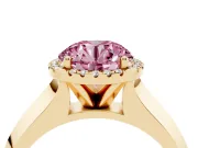 Fancy Pink Round Cut Diamond Halo Ring Set in Yellow gold with Cathedral Band and Prong Setting