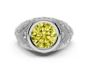 Fancy Yellow Round Cut Diamond Bezel Ring Set in White gold with Milgrain Accent Band