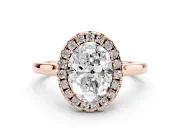 Oval Cut Halo Round Diamond Solitaire Ring Set in Rose gold with Pavé Band and Prong Setting