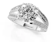 Round Cut Diamond Split Shank Ring Set in Platinum with Pavé Band and Prong Setting