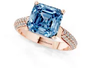 Fancy Blue Asscher Cut Diamond Solitaire Engagement Ring Set in Rose gold with Multi-Row Round Pavé Band and Prong Setting