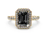 Fancy Black Emerald Cut Diamond Halo Ring Set in Yellow gold with Delicate Pavé Band and Prong Setting