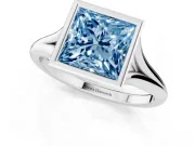 Fancy Blue Bezel Set Princess Cut Diamond Solitaire Ring Set in Platinum with Tapered Band