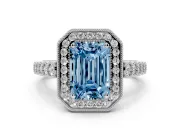 Emerald Cut Graduated Milgrain Halo Engagement Ring Setting for a Fancy Blue Lab-Grown Diamond | Sterling Silver