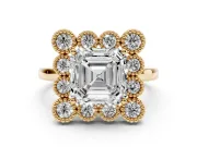 Asscher Cut Vintage Milgrain Bezel Cluster Halo Engagement Ring Setting | Plain Band | Yellow Gold