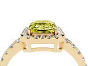 Fancy Yellow Emerald Cut Diamond Halo Ring Set in Yellow gold with Delicate Pavé Band and Prong Setting