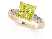 Fancy Yellow Princess Cut Diamond Solitaire Ring Set in Yellow gold with Tapered Baguette Side Stones and Prong Setting