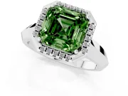 Fancy Green Asscher Cut Diamond Halo Ring Set in White gold with Cathedral Band and Prong Setting