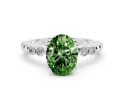 Fancy Green Oval Cut Diamond Solitaire Engagement Ring Set in Platinum with Bezel Accents on Beaded Band
