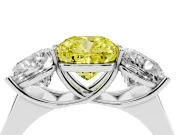 Cushion Cut Three Stone Engagement Ring Setting for a Fancy Yellow Lab-Grown Diamond | Basket Prong Heads | White Gold