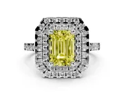 Fancy Yellow Emerald Cut Diamond Double Halo Statement Ring Set in White gold with Pavé Band