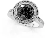 Fancy Black Round Cut Diamond Halo Engagement Ring Set in White gold with Pavé Band and Round Halo Stones