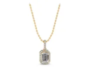 Emerald Cut Diamond Halo Pendant Set in Yellow gold with Prong-Set Center