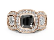 Cushion Cut Three Stone Halo Engagement Ring Setting for a Black Center | Bezel Set | Rose Gold