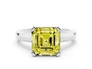 Fancy Yellow Asscher Cut Diamond Solitaire Ring Set in White gold with Prong Head and Smooth Polished Band