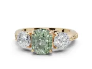 Cushion Cut Three Stone Engagement Ring Setting for a Fancy Green Lab-Grown Diamond | Tapered Pave Band | Yellow Gold