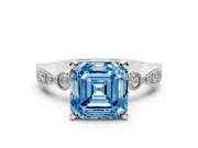 Fancy Blue Asscher Cut Diamond Solitaire Engagement Ring Set in Platinum with Milgrain Bezel Accent Band
