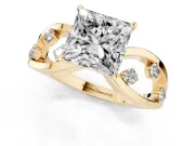 Princess Cut Diamond Solitaire Ring Set in Yellow gold with Side Stones on Criss-Cross Band and Prong Setting