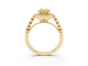 Fancy Yellow Oval Cut Diamond Milgrain Halo Solitaire Ring Set in Yellow gold with Bezel Set Side Stones and Pavé Band
