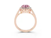 Fancy Pink Round Cut Diamond Floral Halo Ring Set in Rose gold with Pavé Band and Prong Setting