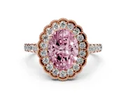 Fancy Pink Oval Cut Diamond Milgrain Floral Halo Engagement Ring Set in Rose gold with Pavé Band