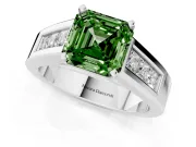 Fancy Green Asscher Cut Diamond Solitaire Ring Set in White gold with Channel-Set Accent Stones and Prong Setting