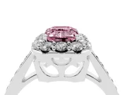 Fancy Pink Emerald Cut Diamond Floral Halo Ring Set in White gold with Pavé Band and Prong Setting