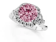 Round Halo Engagement Ring Setting for a Fancy Pink Lab-Grown Diamond | Leaf Shoulders | Platinum