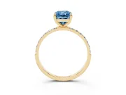 Fancy Blue Radiant Cut Diamond Solitaire Ring Set in Yellow gold with Round Pavé Band and Prong Setting