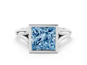 Fancy Blue Bezel Set Princess Cut Diamond Solitaire Ring Set in Platinum with Tapered Band