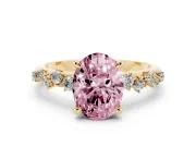 Fancy Pink Oval Cut Diamond Solitaire Vine Band Ring Set in Yellow gold with Round Accents and Prong Setting