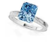 Fancy Blue Radiant Cut Diamond Solitaire Milgrain Engraved Band Set in Platinum with Prong Setting