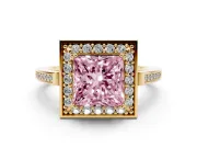 Princess Cut Halo Engagement Ring Setting for a Fancy Pink Lab-Grown Diamond | Polished Halo Rim | Yellow Gold